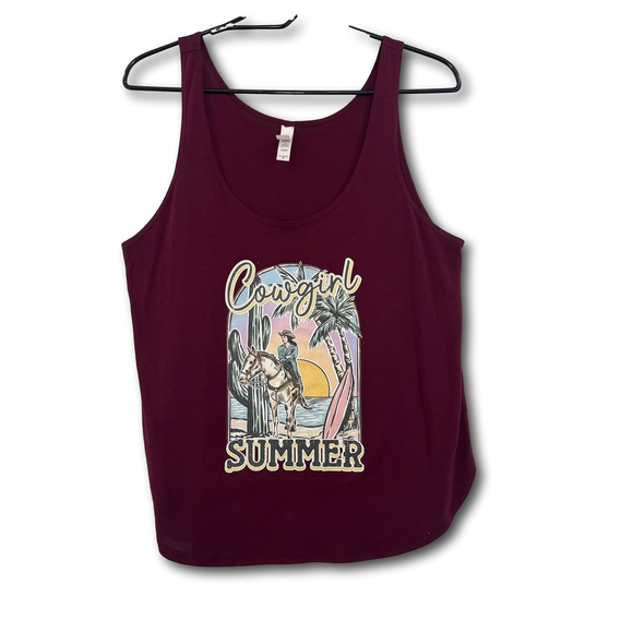 Bella + Canvas Tops - Bella Canvas Cowgirl Summer Graphic Racerback Tank Top Maroon Burgundy Med